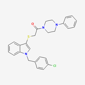 molecular formula C27H26ClN3OS B2364376 2-[1-[(4-Chlorophenyl)methyl]indol-3-yl]sulfanyl-1-(4-phenylpiperazin-1-yl)ethanone CAS No. 450349-40-3