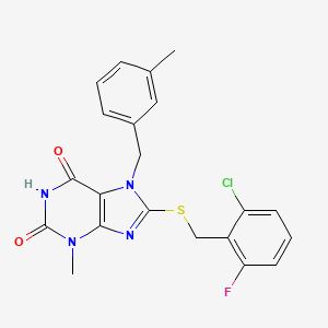 molecular formula C21H18ClFN4O2S B2364478 8-((2-chloro-6-fluorobenzyl)thio)-3-methyl-7-(3-methylbenzyl)-1H-purine-2,6(3H,7H)-dione CAS No. 442865-13-6