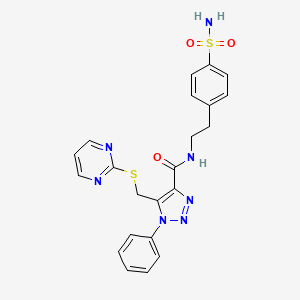 molecular formula C22H21N7O3S2 B2364583 1-phenyl-5-((pyrimidin-2-ylthio)methyl)-N-(4-sulfamoylphenethyl)-1H-1,2,3-triazole-4-carboxamide CAS No. 1209918-26-2