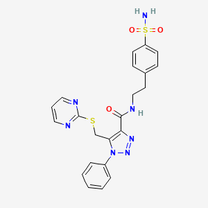 molecular formula C22H21N7O3S2 B2364583 1-苯基-5-((嘧啶-2-基硫代)甲基)-N-(4-磺酰基苯乙基)-1H-1,2,3-三唑-4-甲酰胺 CAS No. 1209918-26-2