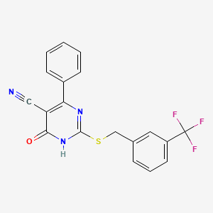 molecular formula C19H12F3N3OS B2364588 4-Hydroxy-6-phenyl-2-{[3-(trifluoromethyl)benzyl]sulfanyl}-5-pyrimidinecarbonitrile CAS No. 303985-06-0