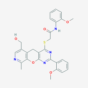 molecular formula C28H26N4O5S B2364632 2-((6-(hydroxymethyl)-2-(2-methoxyphenyl)-9-methyl-5H-pyrido[4',3':5,6]pyrano[2,3-d]pyrimidin-4-yl)thio)-N-(2-methoxyphenyl)acetamide CAS No. 892380-08-4