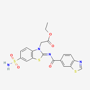 molecular formula C19H16N4O5S3 B2364660 (Z)-乙基 2-(2-((苯并[d]噻唑-6-羰基)亚氨基)-6-磺酰胺基苯并[d]噻唑-3(2H)-基)乙酸酯 CAS No. 865248-42-6