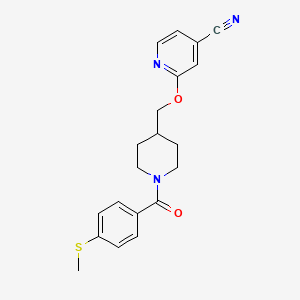 molecular formula C20H21N3O2S B2364676 2-[[1-(4-Methylsulfanylbenzoyl)piperidin-4-yl]methoxy]pyridine-4-carbonitrile CAS No. 2379983-80-7