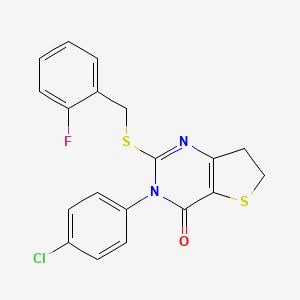 molecular formula C19H14ClFN2OS2 B2364750 3-(4-chlorophenyl)-2-((2-fluorobenzyl)thio)-6,7-dihydrothieno[3,2-d]pyrimidin-4(3H)-one CAS No. 687565-04-4