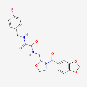 molecular formula C21H20FN3O6 B2364800 N1-((3-(benzo[d][1,3]dioxole-5-carbonyl)oxazolidin-2-yl)methyl)-N2-(4-fluorobenzyl)oxalamide CAS No. 874805-49-9