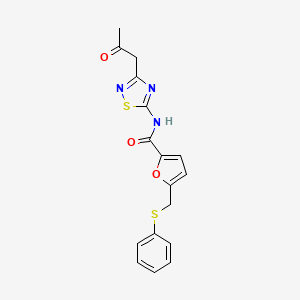 molecular formula C17H15N3O3S2 B2364801 N-[3-(2-oxopropyl)-1,2,4-thiadiazol-5-yl]-5-(phenylsulfanylmethyl)furan-2-carboxamide CAS No. 831211-94-0