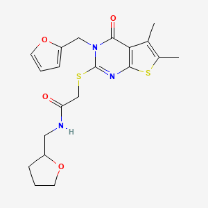 molecular formula C20H23N3O4S2 B2364846 2-((3-(furan-2-ylmethyl)-5,6-dimethyl-4-oxo-3,4-dihydrothieno[2,3-d]pyrimidin-2-yl)thio)-N-((tetrahydrofuran-2-yl)methyl)acetamide CAS No. 878683-66-0