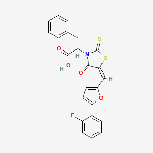 molecular formula C23H16FNO4S2 B2364872 (E)-2-(5-((5-(2-fluorophenyl)furan-2-yl)methylene)-4-oxo-2-thioxothiazolidin-3-yl)-3-phenylpropanoic acid CAS No. 876870-48-3