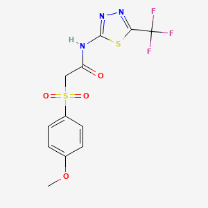 molecular formula C12H10F3N3O4S2 B2364898 2-[(4-甲氧基苯基)磺酰基]-N-[5-(三氟甲基)-1,3,4-噻二唑-2-基]乙酰胺 CAS No. 339014-02-7