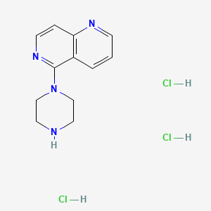 molecular formula C12H17Cl3N4 B2364911 5-Piperazin-1-yl-1,6-naphthyridine trihydrochloride CAS No. 1286854-94-1