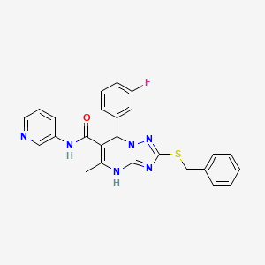 molecular formula C25H21FN6OS B2364915 2-(benzylsulfanyl)-7-(3-fluorophenyl)-5-methyl-N-(pyridin-3-yl)-4H,7H-[1,2,4]triazolo[1,5-a]pyrimidine-6-carboxamide CAS No. 536983-97-8