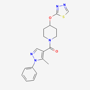 molecular formula C18H19N5O2S B2364965 (4-((1,3,4-thiadiazol-2-yl)oxy)piperidin-1-yl)(5-methyl-1-phenyl-1H-pyrazol-4-yl)methanone CAS No. 2191213-71-3