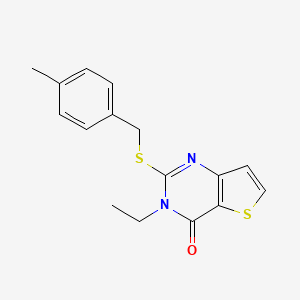 molecular formula C16H16N2OS2 B2365033 3-ethyl-2-[(4-methylbenzyl)sulfanyl]thieno[3,2-d]pyrimidin-4(3H)-one CAS No. 1326820-47-6