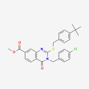 molecular formula C28H27ClN2O3S B2365044 Methyl 2-[(4-tert-butylphenyl)methylsulfanyl]-3-[(4-chlorophenyl)methyl]-4-oxoquinazoline-7-carboxylate CAS No. 422273-74-3