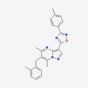 molecular formula C25H23N5O B2365157 5-(5,7-Dimethyl-6-(2-methylbenzyl)pyrazolo[1,5-a]pyrimidin-3-yl)-3-(p-tolyl)-1,2,4-oxadiazole CAS No. 1031558-75-4