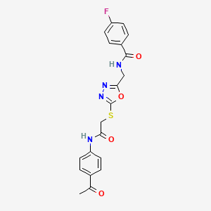 molecular formula C20H17FN4O4S B2365166 N-((5-((2-((4-acetylphenyl)amino)-2-oxoethyl)thio)-1,3,4-oxadiazol-2-yl)methyl)-4-fluorobenzamide CAS No. 904270-86-6