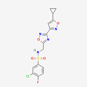 molecular formula C15H12ClFN4O4S B2365173 3-chloro-N-((3-(5-cyclopropylisoxazol-3-yl)-1,2,4-oxadiazol-5-yl)methyl)-4-fluorobenzenesulfonamide CAS No. 1903729-37-2