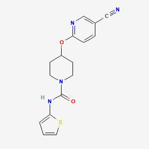 molecular formula C16H16N4O2S B2365178 4-((5-氰基吡啶-2-基)氧基)-N-(噻吩-2-基)哌啶-1-羧酰胺 CAS No. 1421513-46-3