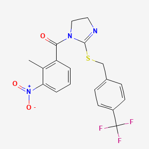 molecular formula C19H16F3N3O3S B2365219 (2-methyl-3-nitrophenyl)(2-((4-(trifluoromethyl)benzyl)thio)-4,5-dihydro-1H-imidazol-1-yl)methanone CAS No. 851806-27-4