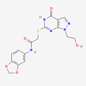 molecular formula C16H15N5O5S B2365325 N-1,3-benzodioxol-5-yl-2-{[1-(2-hydroxyethyl)-4-oxo-4,5-dihydro-1H-pyrazolo[3,4-d]pyrimidin-6-yl]thio}acetamide CAS No. 946254-94-0