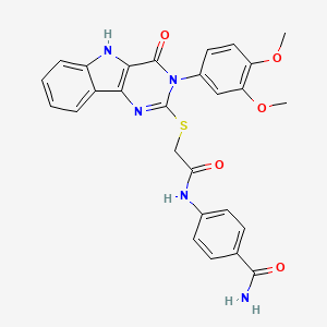 molecular formula C27H23N5O5S B2365346 4-(2-((3-(3,4-二甲氧基苯基)-4-氧代-4,5-二氢-3H-嘧啶并[5,4-b]吲哚-2-基)硫代)乙酰胺基)苯甲酰胺 CAS No. 888442-10-2