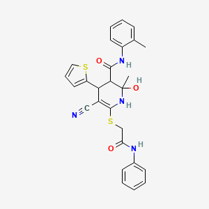 molecular formula C27H26N4O3S2 B2365377 5-cyano-2-hydroxy-2-methyl-6-((2-oxo-2-(phenylamino)ethyl)thio)-4-(thiophen-2-yl)-N-(o-tolyl)-1,2,3,4-tetrahydropyridine-3-carboxamide CAS No. 374561-24-7