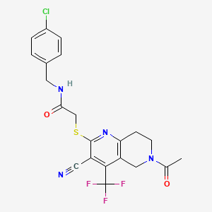 molecular formula C21H18ClF3N4O2S B2365402 2-{[6-acetyl-3-cyano-4-(trifluoromethyl)-5,6,7,8-tetrahydro[1,6]naphthyridin-2-yl]sulfanyl}-N-(4-chlorobenzyl)acetamide CAS No. 664999-44-4