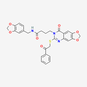 molecular formula C29H25N3O7S B2365410 N-(1,3-benzodioxol-5-ylmethyl)-4-(8-oxo-6-phenacylsulfanyl-[1,3]dioxolo[4,5-g]quinazolin-7-yl)butanamide CAS No. 896706-66-4