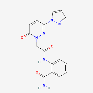 molecular formula C16H14N6O3 B2365417 2-(2-(6-氧代-3-(1H-吡唑-1-基)嘧啶嗪-1(6H)-基)乙酰氨基)苯甲酰胺 CAS No. 1334371-79-7