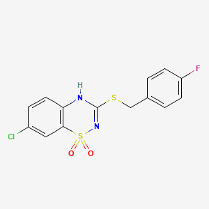 molecular formula C14H10ClFN2O2S2 B2365873 7-chloro-3-((4-fluorobenzyl)thio)-4H-benzo[e][1,2,4]thiadiazine 1,1-dioxide CAS No. 899977-00-5