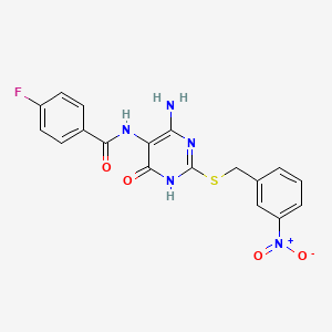 molecular formula C18H14FN5O4S B2366037 N-(4-amino-2-((3-nitrobenzyl)thio)-6-oxo-1,6-dihydropyrimidin-5-yl)-4-fluorobenzamide CAS No. 888419-23-6
