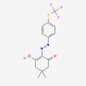 molecular formula C15H15F3N2O2S B2366094 5,5-Dimethyl-2-(2-(4-((trifluoromethyl)thio)phenyl)hydrazono)cyclohexane-1,3-dione CAS No. 300569-62-4