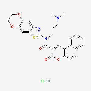 molecular formula C28H26ClN3O5S B2366124 N-(6,7-dihydro-[1,4]dioxino[2',3':4,5]benzo[1,2-d]thiazol-2-yl)-N-(3-(dimethylamino)propyl)-3-oxo-3H-benzo[f]chromene-2-carboxamide hydrochloride CAS No. 1321715-48-3