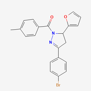 molecular formula C21H17BrN2O2 B2366131 (3-(4-bromophenyl)-5-(furan-2-yl)-4,5-dihydro-1H-pyrazol-1-yl)(p-tolyl)methanone CAS No. 361198-66-5