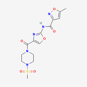molecular formula C14H17N5O6S B2366169 5-甲基-N-(4-(4-(甲磺酰基)哌嗪-1-羰基)恶唑-2-基)异恶唑-3-甲酰胺 CAS No. 1421485-02-0