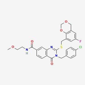 molecular formula C28H25ClFN3O5S B2366170 3-[(4-chlorophenyl)methyl]-2-[(6-fluoro-4H-1,3-benzodioxin-8-yl)methylsulfanyl]-N-(2-methoxyethyl)-4-oxoquinazoline-7-carboxamide CAS No. 689227-07-4