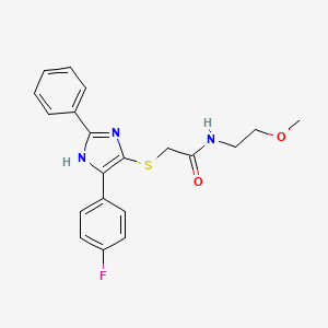 molecular formula C20H20FN3O2S B2366199 2-((5-(4-fluorophenyl)-2-phenyl-1H-imidazol-4-yl)thio)-N-(2-methoxyethyl)acetamide CAS No. 901259-67-4