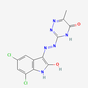 molecular formula C12H8Cl2N6O2 B2366213 (E)-3-(2-(5,7-二氯-2-羟基-3H-吲哚-3-亚基)肼基)-6-甲基-1,2,4-三嗪-5(4H)-酮 CAS No. 536728-00-4