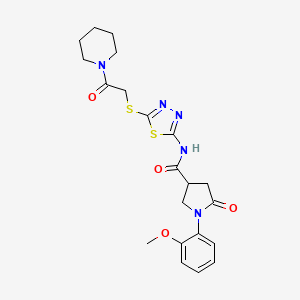 molecular formula C21H25N5O4S2 B2366224 1-(2-甲氧基苯基)-5-氧代-N-(5-((2-氧代-2-(哌啶-1-基)乙基)硫代)-1,3,4-噻二唑-2-基)吡咯烷-3-甲酰胺 CAS No. 872595-18-1