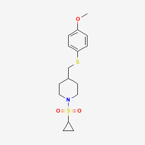 molecular formula C16H23NO3S2 B2366225 1-(环丙基磺酰基)-4-(((4-甲氧苯基)硫代)甲基)哌啶 CAS No. 1421461-62-2