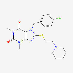 molecular formula C21H26ClN5O2S B2366250 7-(4-chlorobenzyl)-1,3-dimethyl-8-((2-(piperidin-1-yl)ethyl)thio)-1H-purine-2,6(3H,7H)-dione CAS No. 536719-40-1