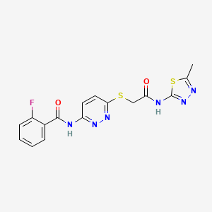 molecular formula C16H13FN6O2S2 B2366268 2-fluoro-N-(6-((2-((5-methyl-1,3,4-thiadiazol-2-yl)amino)-2-oxoethyl)thio)pyridazin-3-yl)benzamide CAS No. 1021091-70-2