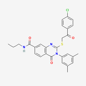 molecular formula C28H26ClN3O3S B2366276 2-((2-(4-氯苯基)-2-氧代乙基)硫)-3-(3,5-二甲基苯基)-4-氧代-N-丙基-3,4-二氢喹唑啉-7-甲酰胺 CAS No. 1113140-34-3