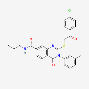 molecular formula C28H26ClN3O3S B2366276 2-((2-(4-クロロフェニル)-2-オキソエチル)チオ)-3-(3,5-ジメチルフェニル)-4-オキソ-N-プロピル-3,4-ジヒドロキナゾリン-7-カルボキサミド CAS No. 1113140-34-3