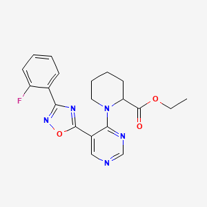 molecular formula C20H20FN5O3 B2366305 Ethyl 1-(5-(3-(2-fluorophenyl)-1,2,4-oxadiazol-5-yl)pyrimidin-4-yl)piperidine-2-carboxylate CAS No. 2034200-43-4