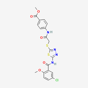 molecular formula C20H17ClN4O5S2 B2366456 Methyl 4-(2-((5-(5-chloro-2-methoxybenzamido)-1,3,4-thiadiazol-2-yl)thio)acetamido)benzoate CAS No. 896027-01-3