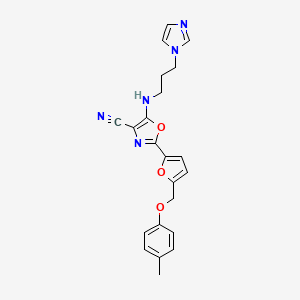 molecular formula C22H21N5O3 B2366553 5-{[3-(1H-imidazol-1-yl)propyl]amino}-2-{5-[(4-methylphenoxy)methyl]furan-2-yl}-1,3-oxazole-4-carbonitrile CAS No. 931317-49-6