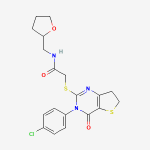 molecular formula C19H20ClN3O3S2 B2366638 2-[[3-(4-chlorophenyl)-4-oxo-6,7-dihydrothieno[3,2-d]pyrimidin-2-yl]sulfanyl]-N-(oxolan-2-ylmethyl)acetamide CAS No. 687563-84-4