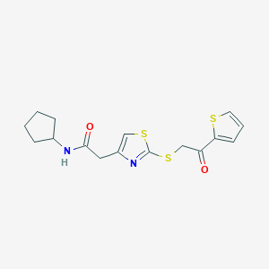 molecular formula C16H18N2O2S3 B2366641 N-cyclopentyl-2-(2-((2-oxo-2-(thiophen-2-yl)ethyl)thio)thiazol-4-yl)acetamide CAS No. 946277-25-4